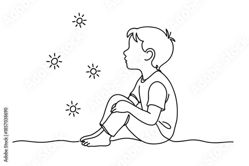 Simple line drawing of a young boy sitting and looking up at stars in the night sky
