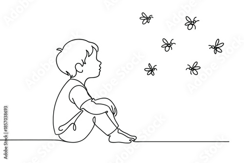 Child sitting and watching a swarm of insects in a minimalist line art style
