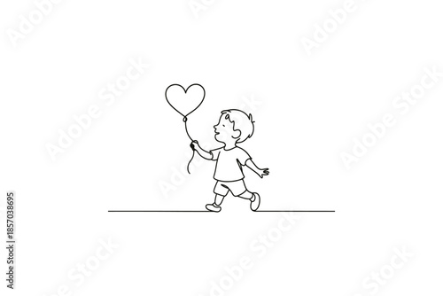Joyful child running with a heart-shaped balloon in a minimalist line art style