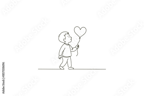 Simple line drawing of a young boy holding a heart-shaped balloon while walking