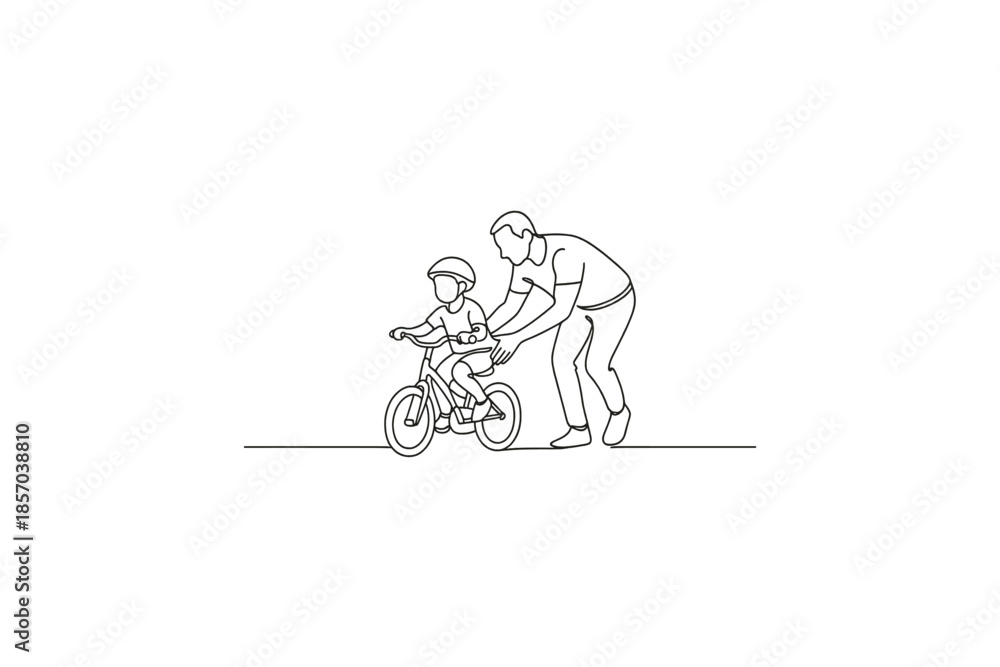 Obraz premium Father teaching child to ride a bicycle, simple line art illustration