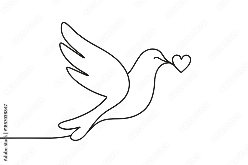 Obraz premium Minimalist line art of a dove carrying a heart in its beak, symbolizing love and peace