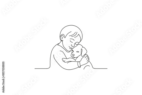 A child tenderly embraces a small puppy in a heartwarming line art illustration