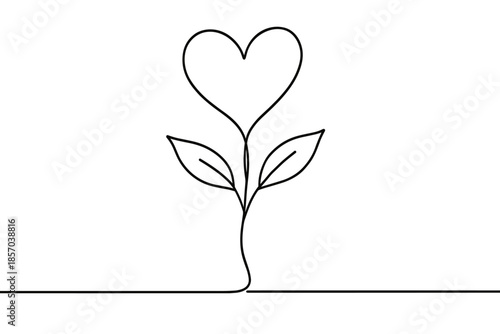 Minimalist heart-shaped flower with leaves, drawn in a single continuous line