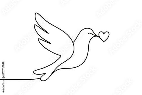 Minimalist line art of a dove carrying a heart in its beak, symbolizing love and peace