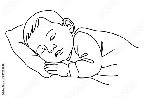 Simple line drawing of a peaceful baby sleeping soundly on a pillow