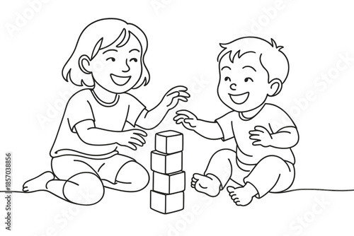 Two happy children playing with building blocks, a girl and a boy, line art