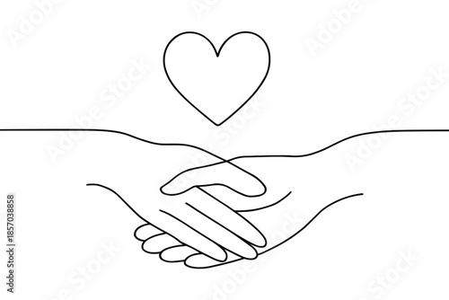 Simple line art of a handshake with a heart symbol above, representing love and agreement