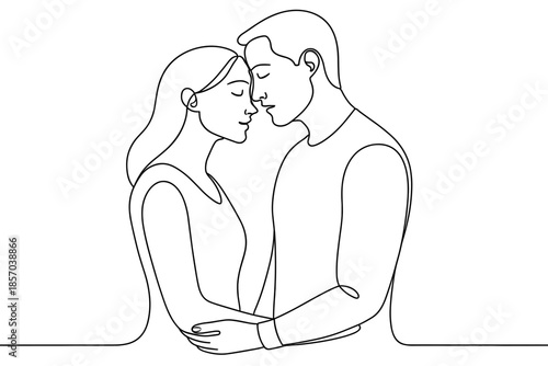 Minimalist line art of a couple embracing with eyes closed in tender moment