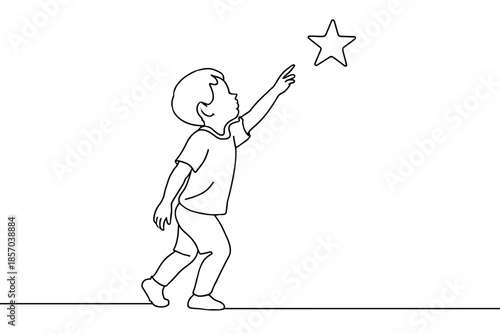 Young child reaching for a star in a simple line drawing illustration