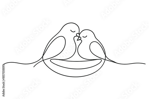 Minimalist line art of two birds in a nest sharing a tender moment