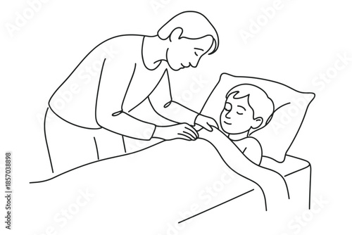 Parent tucking in a sleeping child in bed with a gentle touch