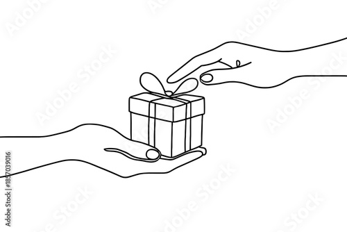 Hand giving a gift box with a ribbon, minimalist line art illustration