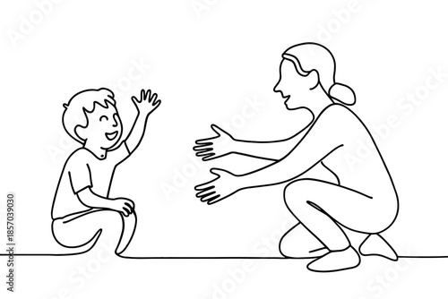 Mother and child waving and embracing with open arms in a simple line drawing style