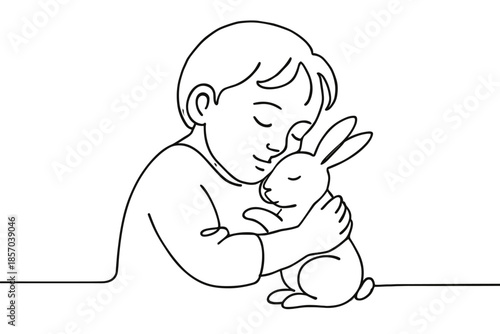 Gentle child embraces a small rabbit with closed eyes, conveying tenderness and care