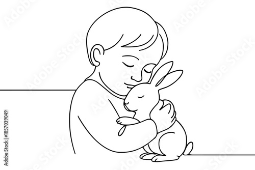 A child tenderly hugs a small rabbit in a heartwarming line art illustration