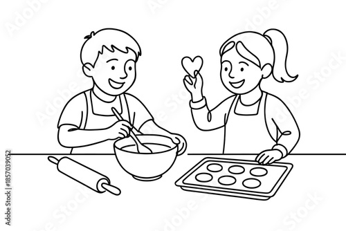 Children happily baking cookies together, one mixing batter and the other holding a heart-shaped cookie