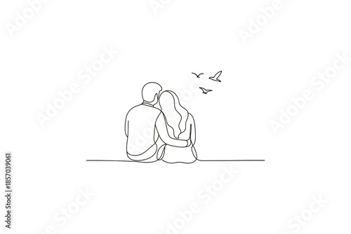 Minimalist line art of a couple embracing and watching birds fly in the sky
