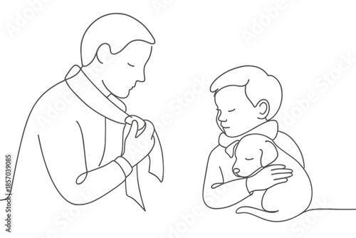 Father tying a tie while son hugs a puppy, simple line art illustration