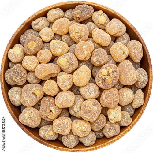Dried brown snack nuts in a round wooden bowl showing rustic healthy food textures and natural organic shapes, isolated on a transparent background for lifestyle and nutrition focused marketing.