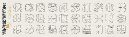 Isometric line brutal 3D shapes, Postmodern abstract geometric graphic frame elements, Brutalism volumetric carcass various form, trendy cyber design symbols in futuristic aesthetics, vector set 8