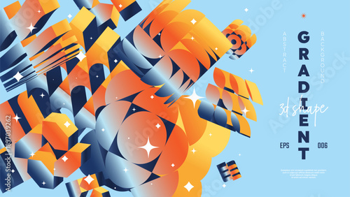 Realistic 3D vector shapes with gradient colors, flying abstract postmodern geometric volumetric different shapes in motion, light blue background, Gradient brutal contemporary figure