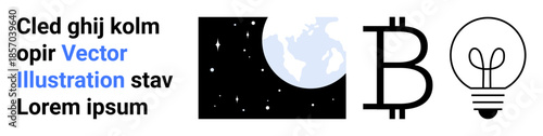 Business technology, cryptocurrency, creativity, global trade, blockchain, and innovation. Bitcoin symbol, Earth in space and a light bulb illustration. Cryptocurrency and innovation concept
