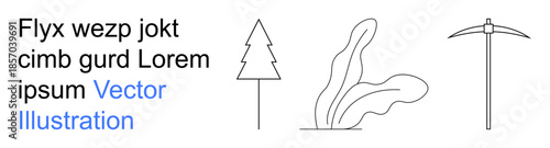 Nature, mining, environment, exploration, sustainability, resource extraction. Minimalist line art of a tree, leafy plant and pickaxe. Nature and mining concept emphasizing sustainability