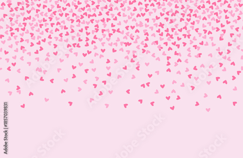Pink seamless border of random falling hearts confetti. Overlay design element for festive banner, greeting card, postcard, wedding invitation, Valentines day and save the date card. Vector