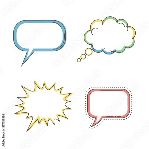Collection of colorful speech bubbles and thought bubbles in various styles on a white background
