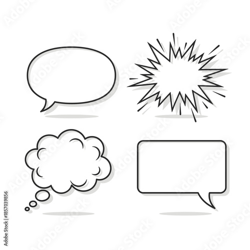 Collection of Various Comic Speech Bubbles and Thought Bubbles on White Background