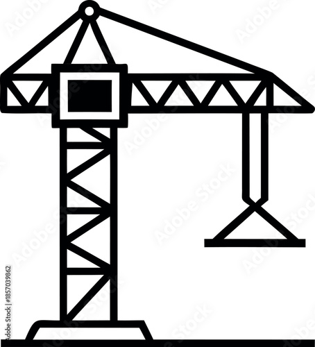Black and White Line Drawing of Tower Construction Crane with Load