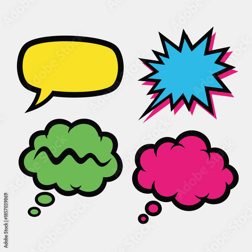 Vibrant cartoon speech bubbles and thought clouds in a playful digital illustration