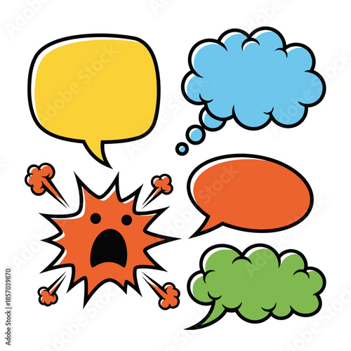 Vibrant cartoon speech bubbles and explosion symbolizing communication and expression