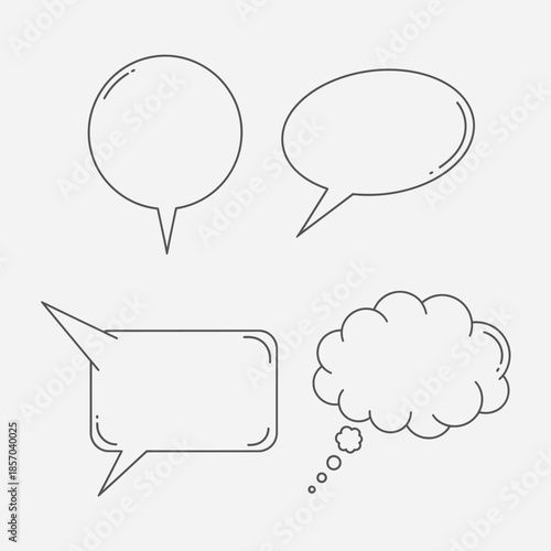 Collection of simple line-drawn speech bubbles and thought bubbles on a plain white background