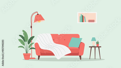 Red Sofa with Pillows and Blanket.