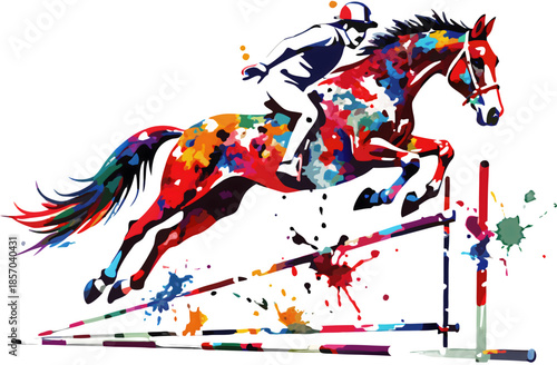 Colorful abstract illustration of a horse and rider jumping over an obstacle in an equestrian competition