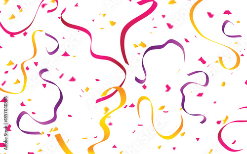 Colorful party confetti and curling ribbons on white festive background