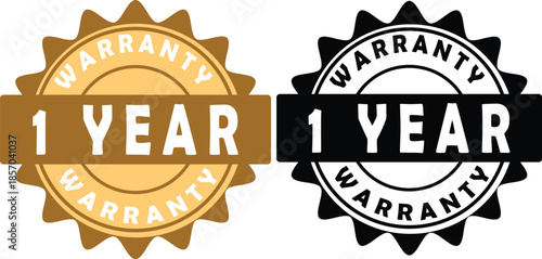 Set of 1 Year Warranty Seals gold and black vector emblems for product guarantee and service assurance isolated on white