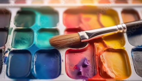 paintbrush rests on palette of watercolor paints