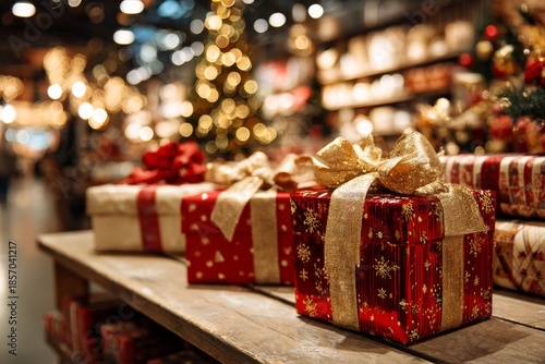 Gifts wrapped in decorative paper and bows are arranged neatly on a wooden table in a store. The background shows soft lights and festive decorations for the holiday season