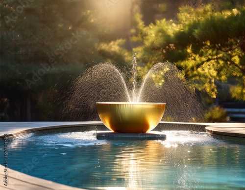 golden bowl by pool sunlit water cascading fountain
