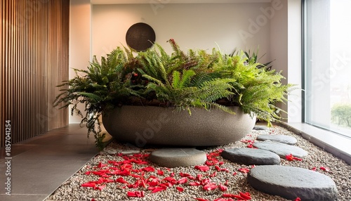 stone planter with greenery surrounded by stepping stones and red petals in a modern interior