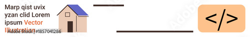Web design, coding, home automation, digital content, modern construction, software development. A house icon beside HTML code brackets. Web design and coding