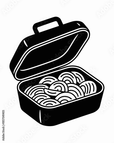 A simple black and white illustration features an open lunchbox containing neatly arranged food items