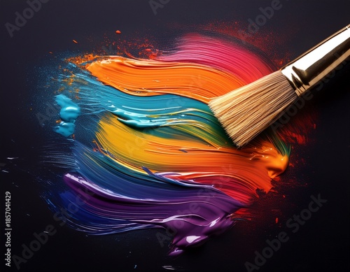 a paint brush creating colorful abstract strokes on a dark surface isolate