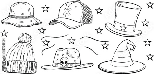 Six different types of hats in a silhouette style illustration