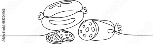One line art of meat products, sausage with fat, semi-finished product, one line Art icon drawing