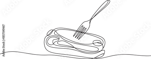 Raw beef brisket flat steak on fork with place for text, continuous one line drawing, one line Art icon drawing