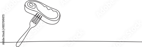 Raw beef brisket flat steak on fork with place for text, continuous one line drawing, one line Art icon drawing